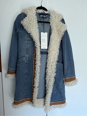 These Three Boutique Denim Trench Coat with Cream Faux-Shearling Trim